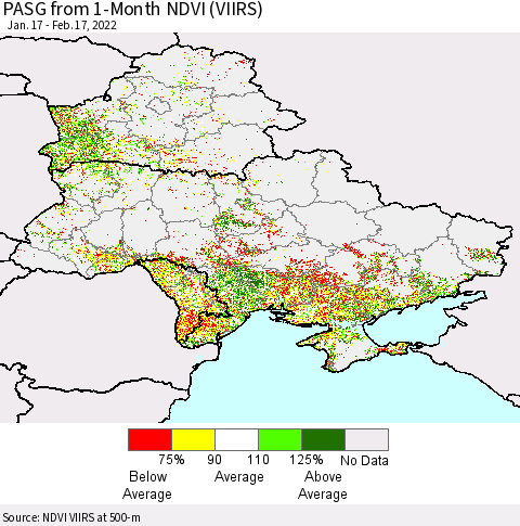 Ukraine, Moldova and Belarus PASG from 1-Month NDVI (VIIRS) Thematic Map For 2/10/2022 - 2/17/2022