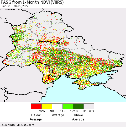 Ukraine, Moldova and Belarus PASG from 1-Month NDVI (VIIRS) Thematic Map For 2/18/2022 - 2/25/2022