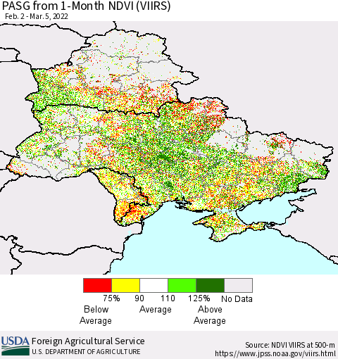 Ukraine, Moldova and Belarus PASG from 1-Month NDVI (VIIRS) Thematic Map For 3/1/2022 - 3/10/2022