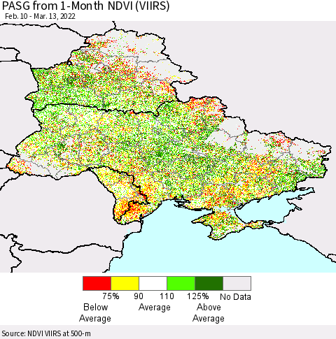 Ukraine, Moldova and Belarus PASG from 1-Month NDVI (VIIRS) Thematic Map For 3/6/2022 - 3/13/2022