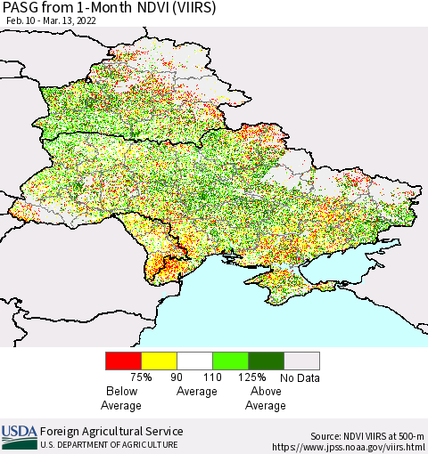 Ukraine, Moldova and Belarus PASG from 1-Month NDVI (VIIRS) Thematic Map For 3/11/2022 - 3/20/2022