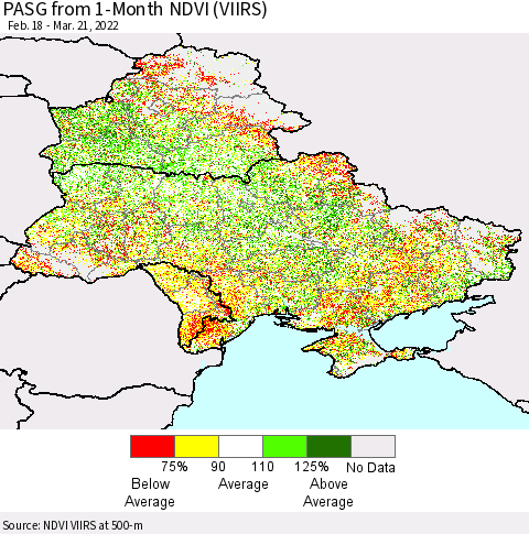 Ukraine, Moldova and Belarus PASG from 1-Month NDVI (VIIRS) Thematic Map For 3/14/2022 - 3/21/2022