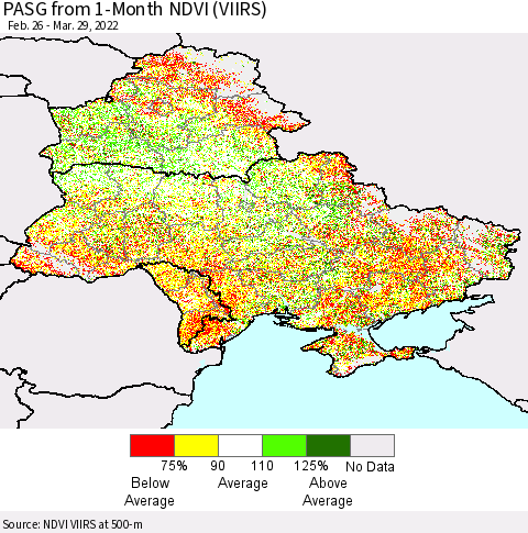 Ukraine, Moldova and Belarus PASG from 1-Month NDVI (VIIRS) Thematic Map For 3/22/2022 - 3/29/2022