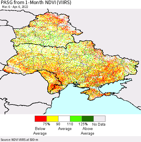 Ukraine, Moldova and Belarus PASG from 1-Month NDVI (VIIRS) Thematic Map For 3/30/2022 - 4/6/2022