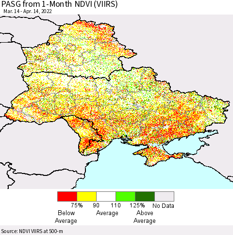 Ukraine, Moldova and Belarus PASG from 1-Month NDVI (VIIRS) Thematic Map For 4/7/2022 - 4/14/2022