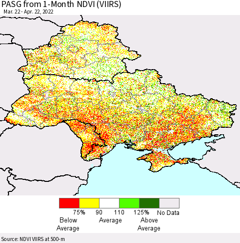 Ukraine, Moldova and Belarus PASG from 1-Month NDVI (VIIRS) Thematic Map For 4/15/2022 - 4/22/2022