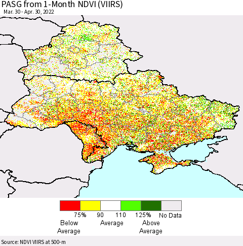 Ukraine, Moldova and Belarus PASG from 1-Month NDVI (VIIRS) Thematic Map For 4/21/2022 - 4/30/2022