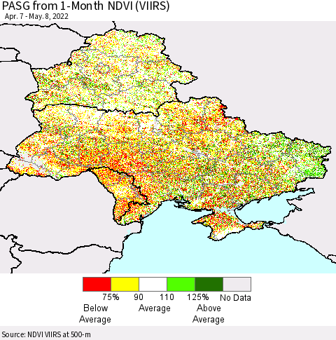 Ukraine, Moldova and Belarus PASG from 1-Month NDVI (VIIRS) Thematic Map For 5/1/2022 - 5/8/2022