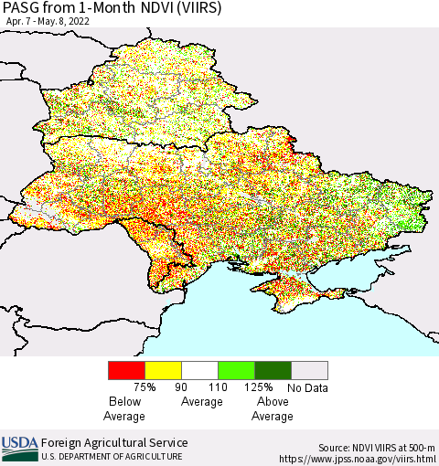 Ukraine, Moldova and Belarus PASG from 1-Month NDVI (VIIRS) Thematic Map For 5/1/2022 - 5/10/2022