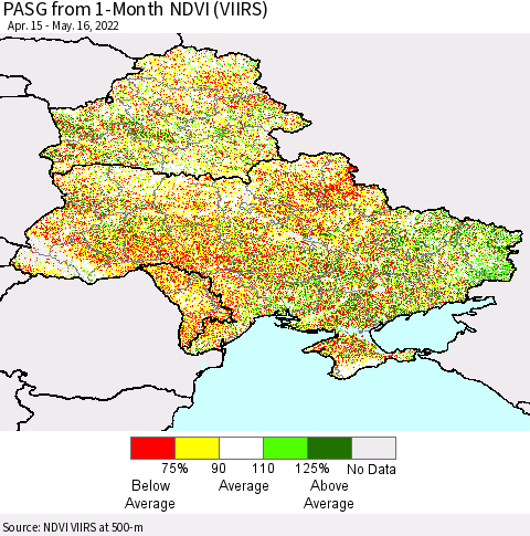 Ukraine, Moldova and Belarus PASG from 1-Month NDVI (VIIRS) Thematic Map For 5/9/2022 - 5/16/2022