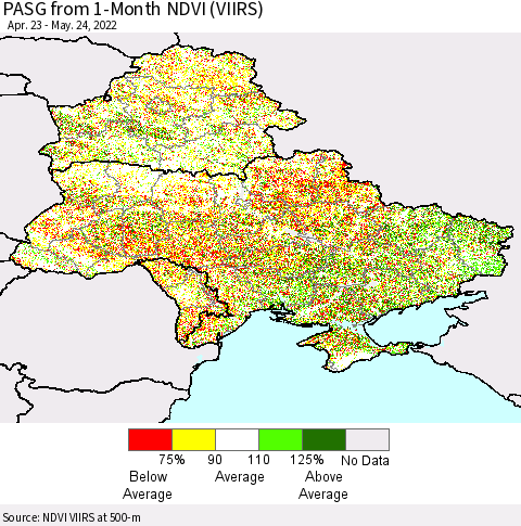 Ukraine, Moldova and Belarus PASG from 1-Month NDVI (VIIRS) Thematic Map For 5/17/2022 - 5/24/2022