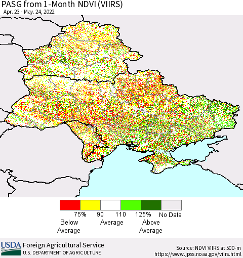 Ukraine, Moldova and Belarus PASG from 1-Month NDVI (VIIRS) Thematic Map For 5/21/2022 - 5/31/2022