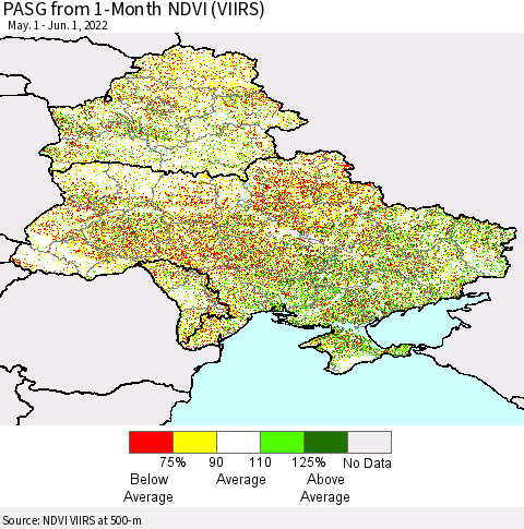 Ukraine, Moldova and Belarus PASG from 1-Month NDVI (VIIRS) Thematic Map For 5/25/2022 - 6/1/2022