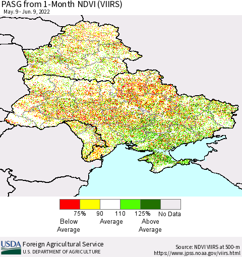 Ukraine, Moldova and Belarus PASG from 1-Month NDVI (VIIRS) Thematic Map For 6/1/2022 - 6/10/2022