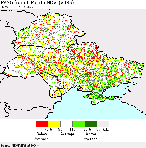 Ukraine, Moldova and Belarus PASG from 1-Month NDVI (VIIRS) Thematic Map For 6/10/2022 - 6/17/2022