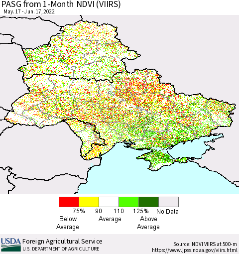 Ukraine, Moldova and Belarus PASG from 1-Month NDVI (VIIRS) Thematic Map For 6/11/2022 - 6/20/2022