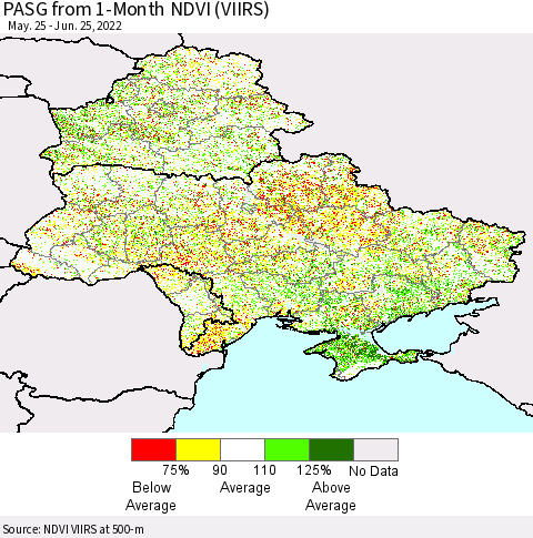 Ukraine, Moldova and Belarus PASG from 1-Month NDVI (VIIRS) Thematic Map For 6/18/2022 - 6/25/2022