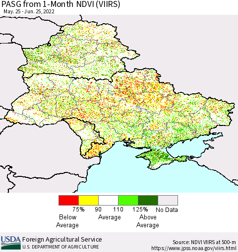 Ukraine, Moldova and Belarus PASG from 1-Month NDVI (VIIRS) Thematic Map For 6/21/2022 - 6/30/2022