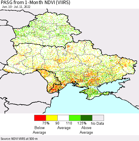 Ukraine, Moldova and Belarus PASG from 1-Month NDVI (VIIRS) Thematic Map For 7/4/2022 - 7/11/2022