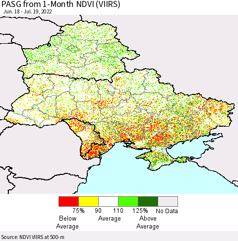 Ukraine, Moldova and Belarus PASG from 1-Month NDVI (VIIRS) Thematic Map For 7/12/2022 - 7/19/2022