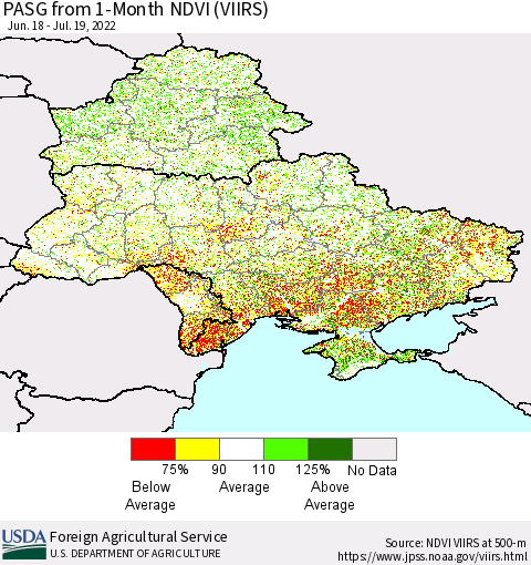Ukraine, Moldova and Belarus PASG from 1-Month NDVI (VIIRS) Thematic Map For 7/11/2022 - 7/20/2022