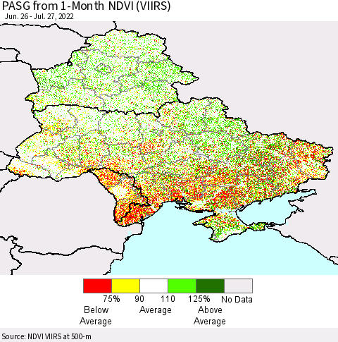 Ukraine, Moldova and Belarus PASG from 1-Month NDVI (VIIRS) Thematic Map For 7/20/2022 - 7/27/2022
