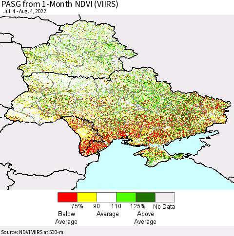 Ukraine, Moldova and Belarus PASG from 1-Month NDVI (VIIRS) Thematic Map For 7/28/2022 - 8/4/2022