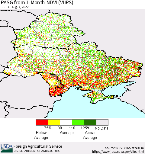 Ukraine, Moldova and Belarus PASG from 1-Month NDVI (VIIRS) Thematic Map For 8/1/2022 - 8/10/2022