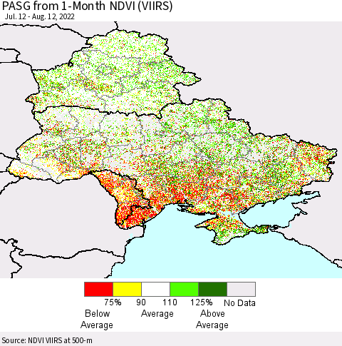 Ukraine, Moldova and Belarus PASG from 1-Month NDVI (VIIRS) Thematic Map For 8/5/2022 - 8/12/2022