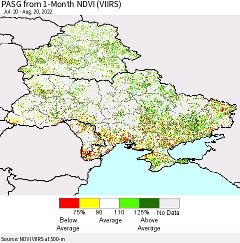 Ukraine, Moldova and Belarus PASG from 1-Month NDVI (VIIRS) Thematic Map For 8/11/2022 - 8/20/2022