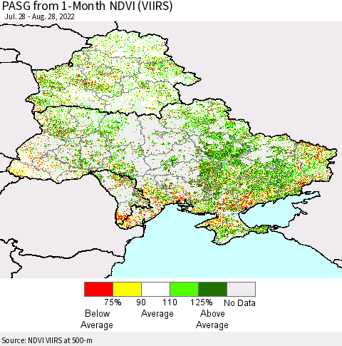Ukraine, Moldova and Belarus PASG from 1-Month NDVI (VIIRS) Thematic Map For 8/21/2022 - 8/28/2022