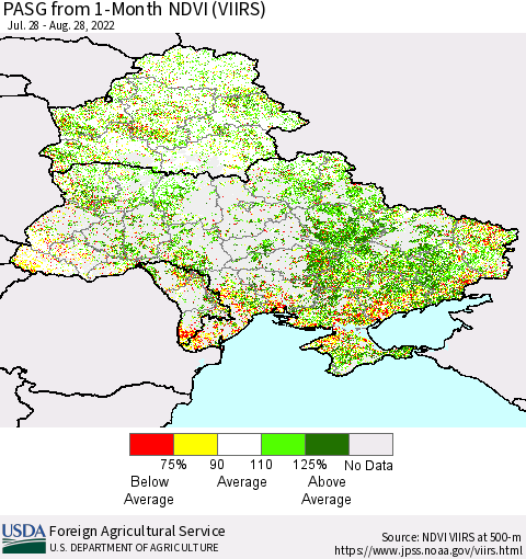 Ukraine, Moldova and Belarus PASG from 1-Month NDVI (VIIRS) Thematic Map For 8/21/2022 - 8/31/2022