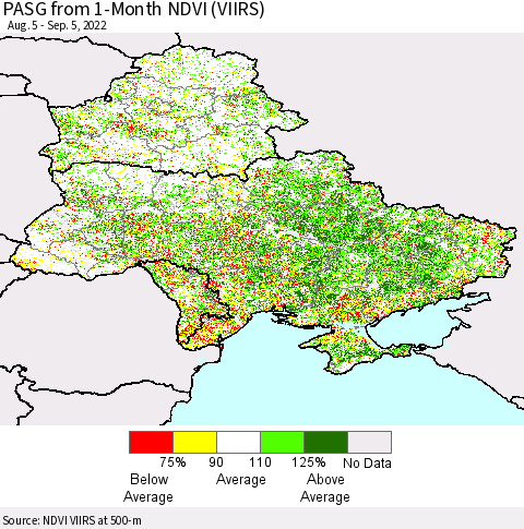 Ukraine, Moldova and Belarus PASG from 1-Month NDVI (VIIRS) Thematic Map For 8/29/2022 - 9/5/2022