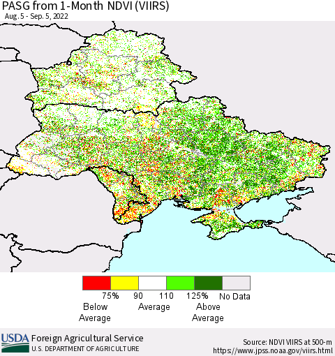 Ukraine, Moldova and Belarus PASG from 1-Month NDVI (VIIRS) Thematic Map For 9/1/2022 - 9/10/2022