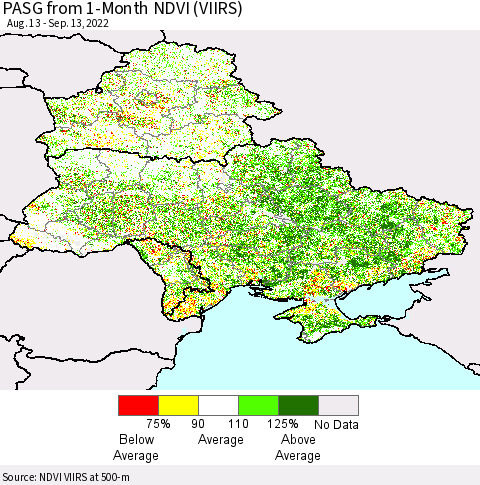 Ukraine, Moldova and Belarus PASG from 1-Month NDVI (VIIRS) Thematic Map For 9/6/2022 - 9/13/2022
