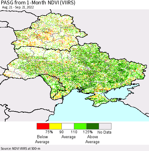 Ukraine, Moldova and Belarus PASG from 1-Month NDVI (VIIRS) Thematic Map For 9/14/2022 - 9/21/2022
