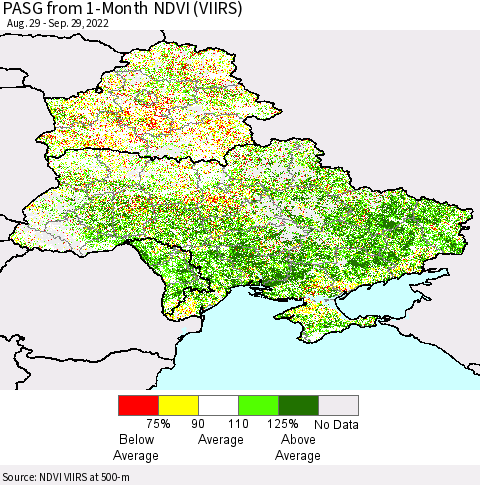 Ukraine, Moldova and Belarus PASG from 1-Month NDVI (VIIRS) Thematic Map For 9/22/2022 - 9/29/2022