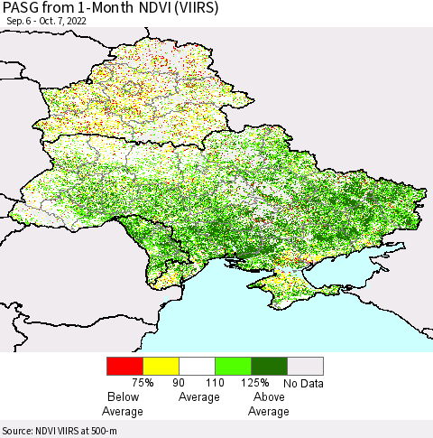 Ukraine, Moldova and Belarus PASG from 1-Month NDVI (VIIRS) Thematic Map For 9/30/2022 - 10/7/2022
