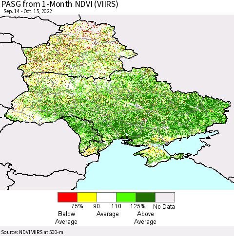 Ukraine, Moldova and Belarus PASG from 1-Month NDVI (VIIRS) Thematic Map For 10/8/2022 - 10/15/2022