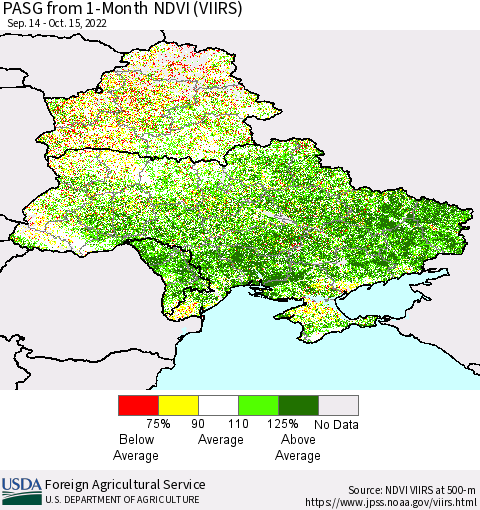 Ukraine, Moldova and Belarus PASG from 1-Month NDVI (VIIRS) Thematic Map For 10/11/2022 - 10/20/2022