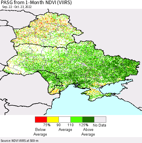 Ukraine, Moldova and Belarus PASG from 1-Month NDVI (VIIRS) Thematic Map For 10/16/2022 - 10/23/2022