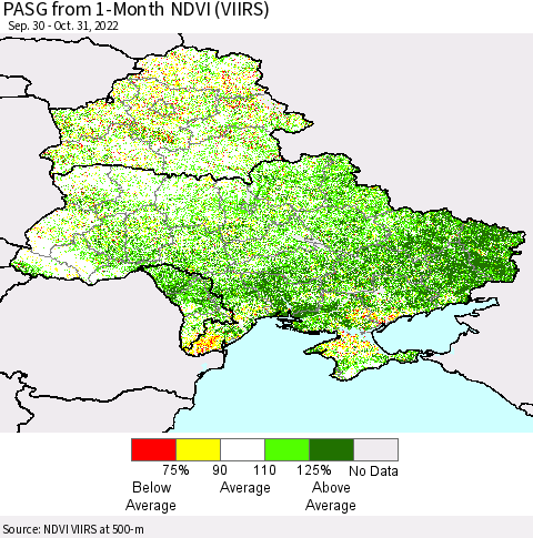 Ukraine, Moldova and Belarus PASG from 1-Month NDVI (VIIRS) Thematic Map For 10/24/2022 - 10/31/2022