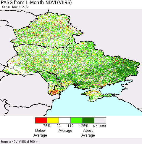 Ukraine, Moldova and Belarus PASG from 1-Month NDVI (VIIRS) Thematic Map For 11/1/2022 - 11/8/2022