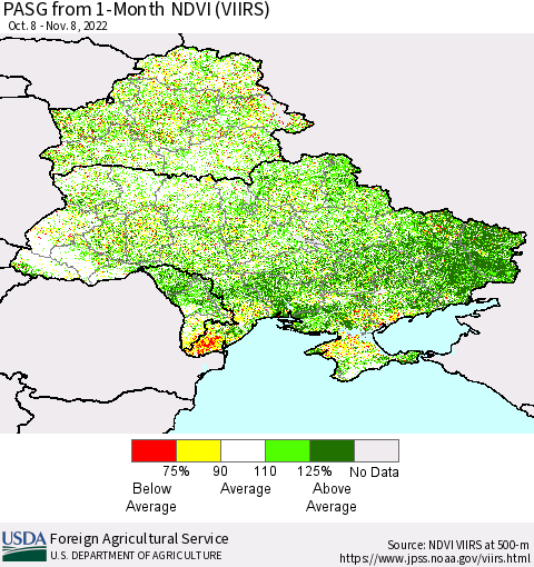 Ukraine, Moldova and Belarus PASG from 1-Month NDVI (VIIRS) Thematic Map For 11/1/2022 - 11/10/2022