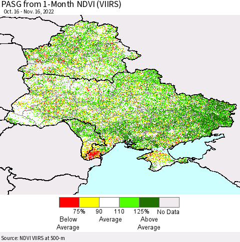 Ukraine, Moldova and Belarus PASG from 1-Month NDVI (VIIRS) Thematic Map For 11/9/2022 - 11/16/2022