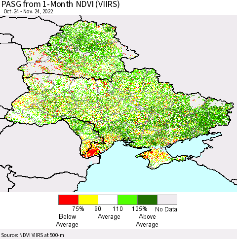 Ukraine, Moldova and Belarus PASG from 1-Month NDVI (VIIRS) Thematic Map For 11/17/2022 - 11/24/2022