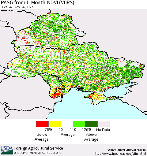 Ukraine, Moldova and Belarus PASG from 1-Month NDVI (VIIRS) Thematic Map For 11/21/2022 - 11/30/2022