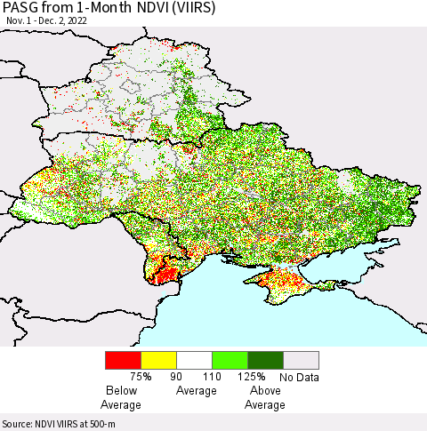 Ukraine, Moldova and Belarus PASG from 1-Month NDVI (VIIRS) Thematic Map For 11/25/2022 - 12/2/2022