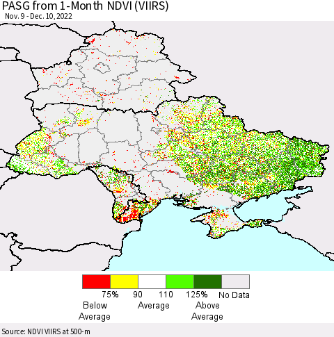 Ukraine, Moldova and Belarus PASG from 1-Month NDVI (VIIRS) Thematic Map For 12/1/2022 - 12/10/2022