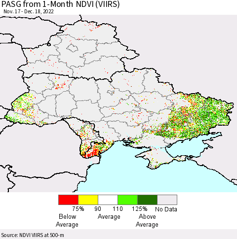 Ukraine, Moldova and Belarus PASG from 1-Month NDVI (VIIRS) Thematic Map For 12/11/2022 - 12/18/2022